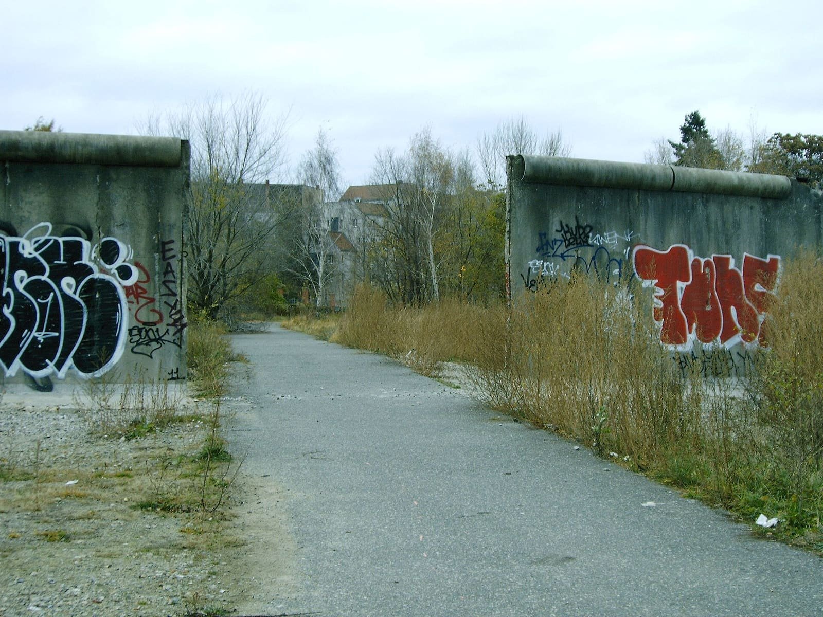 Two graffiti-covered Wall segments either side of an overgrown path.