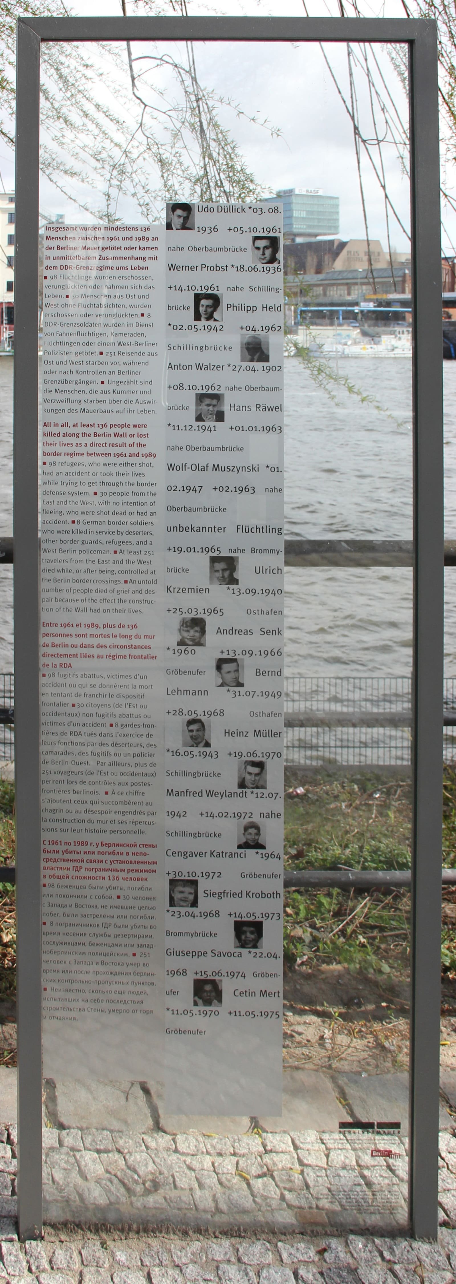 A tall memorial plaque with a list of names of people killed at the Berlin Wall on the Spree.