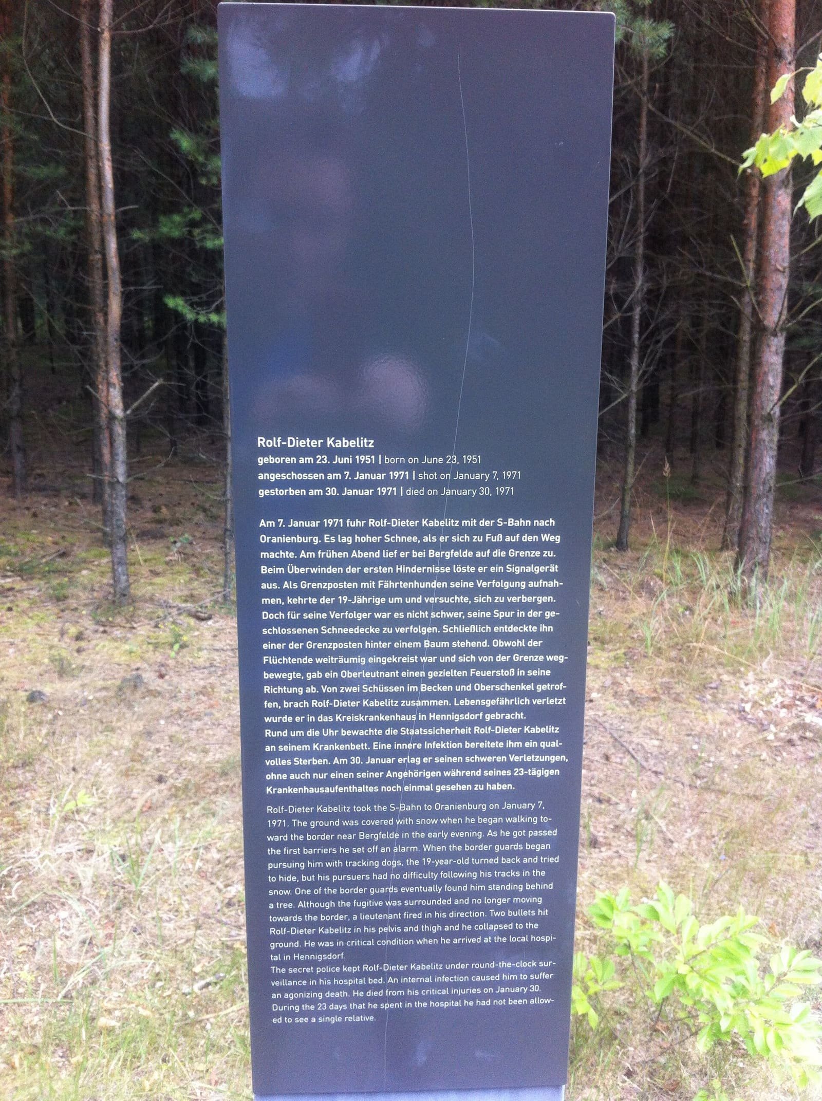 A tall dark-grey information stele stands in a pine wood, printed with Rolf-Dieter Kabelitz's name, dates and a text in German and English about his death.